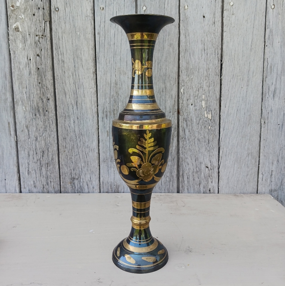 Etched Brass Vace‎ Vintage Hand Made Floral Engraved Boho Gold Made In India